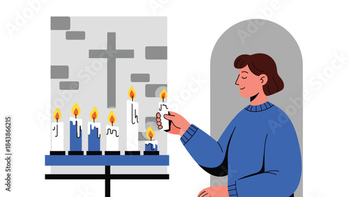 Flat vector illustration of a Christian lighting candles inside a church, ideal for prayer visuals, spiritual reflection, religious content, and faith-based design