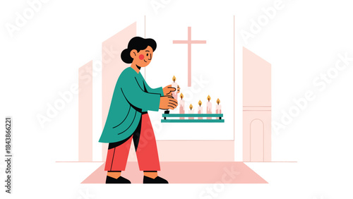 Flat vector illustration of a Christian lighting candles inside a church, ideal for prayer visuals, spiritual reflection, religious content, and faith-based design