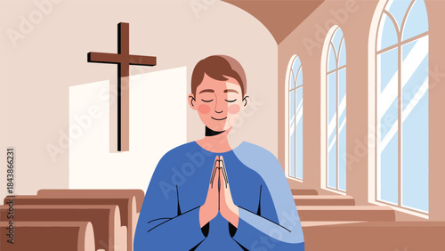 Flat vector illustration of a Christian meditating and praying calmly, ideal for spiritual wellness, faith reflection, religious content, and inspirational visuals