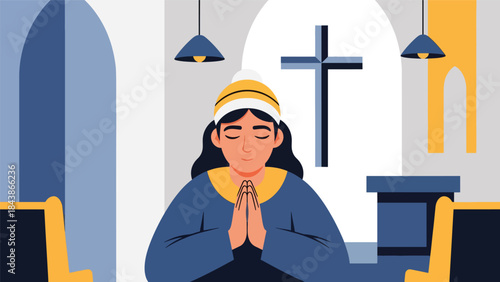 Flat vector illustration of a Christian meditating and praying calmly, ideal for spiritual wellness, faith reflection, religious content, and inspirational visuals