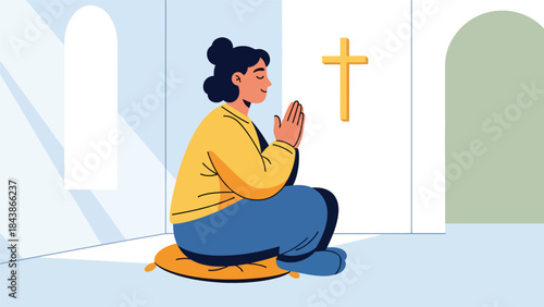 Flat vector illustration of a Christian meditating and praying calmly, ideal for spiritual wellness, faith reflection, religious content, and inspirational visuals