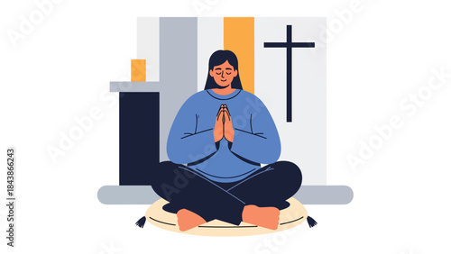 Flat vector illustration of a Christian meditating and praying calmly, ideal for spiritual wellness, faith reflection, religious content, and inspirational visuals