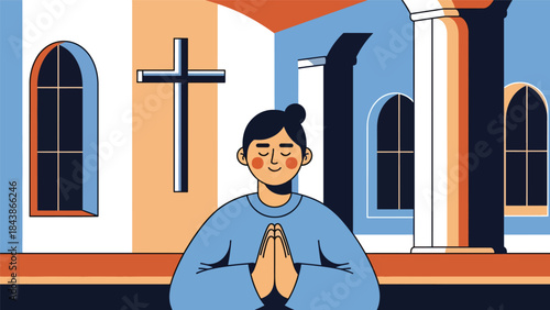 Flat vector illustration of a Christian meditating and praying calmly, ideal for spiritual wellness, faith reflection, religious content, and inspirational visuals