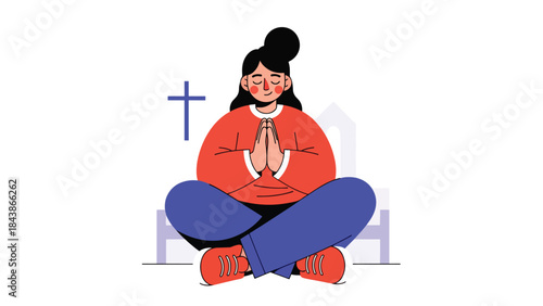 Flat vector illustration of a Christian meditating and praying calmly, ideal for spiritual wellness, faith reflection, religious content, and inspirational visuals