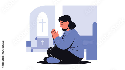Flat vector illustration of a Christian meditating and praying calmly, ideal for spiritual wellness, faith reflection, religious content, and inspirational visuals