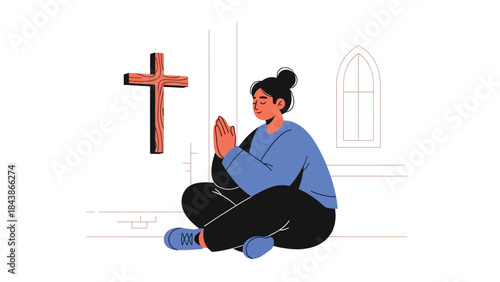 Flat vector illustration of a Christian meditating and praying calmly, ideal for spiritual wellness, faith reflection, religious content, and inspirational visuals