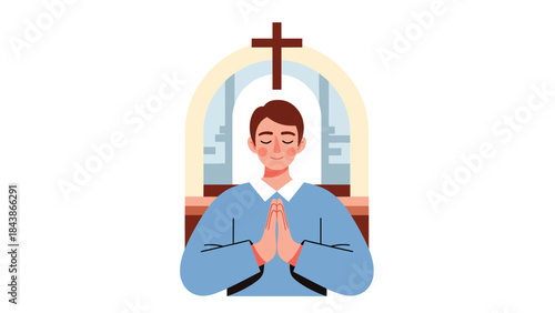 Flat vector illustration of a Christian meditating and praying calmly, ideal for spiritual wellness, faith reflection, religious content, and inspirational visuals