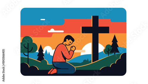 Flat vector illustration of a Christian praying outdoors in nature, ideal for spiritual reflection, faith inspiration, religious content, and peaceful visuals