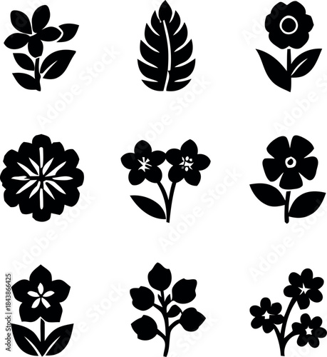Tropical Plumeria and Palm Leaf Silhouette Vector Icon Collection Tropical Plumeria and Palm Leaf Silhouette Vector Icon Collection