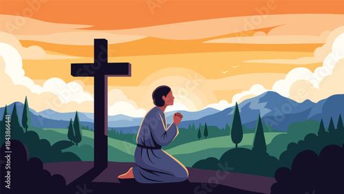 Flat vector illustration of a Christian praying outdoors in nature, ideal for spiritual reflection, faith inspiration, religious content, and peaceful visuals