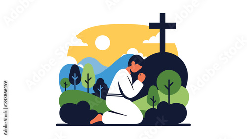 Flat vector illustration of a Christian praying outdoors in nature, ideal for spiritual reflection, faith inspiration, religious content, and peaceful visuals