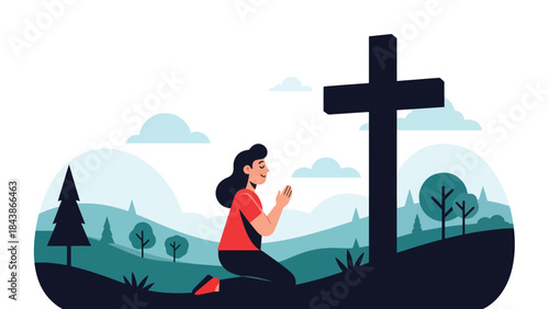 Flat vector illustration of a Christian praying outdoors in nature, ideal for spiritual reflection, faith inspiration, religious content, and peaceful visuals
