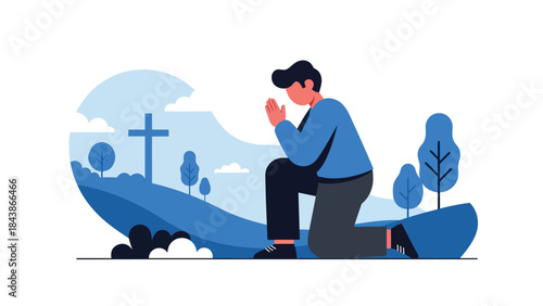 Flat vector illustration of a Christian praying outdoors in nature, ideal for spiritual reflection, faith inspiration, religious content, and peaceful visuals