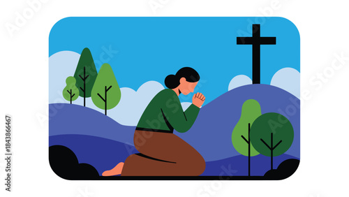 Flat vector illustration of a Christian praying outdoors in nature, ideal for spiritual reflection, faith inspiration, religious content, and peaceful visuals