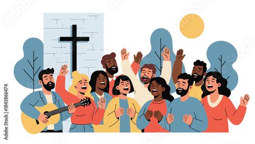 Modern flat vector illustration of Christian worship music with guitar, ideal for praise visuals, church media, music ministry, and faith-based inspiration