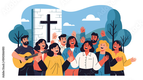 Modern flat vector illustration of Christian worship music with guitar, ideal for praise visuals, church media, music ministry, and faith-based inspiration