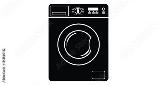 A stark black and white depiction of a modern front load washing machine silhouette