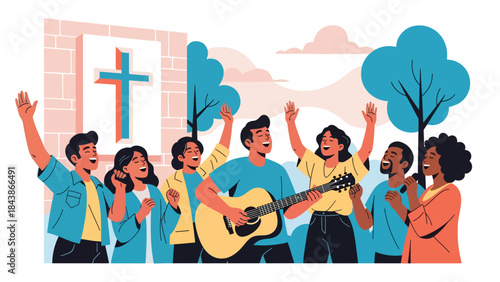 Modern flat vector illustration of Christian worship music with guitar, ideal for praise visuals, church media, music ministry, and faith-based inspiration