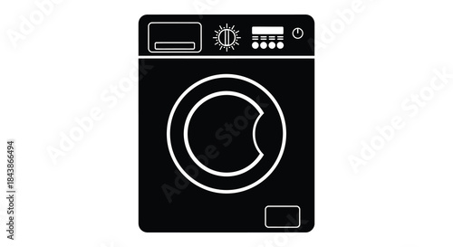 A minimalist depiction of a front loading washing machine in black and white silhouette
