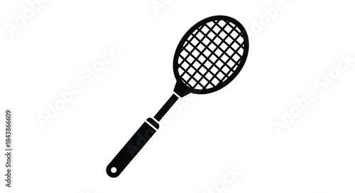 A simple black and white illustration of a tennis racket in a clean style silhouette