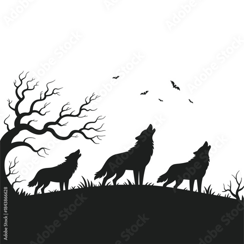 Three black wolves howling under a full moon with bats flying in the sky