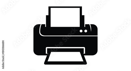 A simple black printer icon is displayed against a white background a bold silhouette