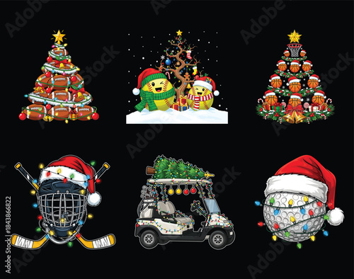 Christmas Sports Illustration Set – Baseball, Softball, Hockey & Golf