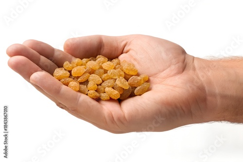 hand holding a handful of raisins on a white background 