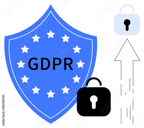 Data privacy, cybersecurity, regulation compliance, online security, data encryption, information safety. Blue shield with EU stars, GDPR text locks and upward arrow. Data privacy and cybersecurity