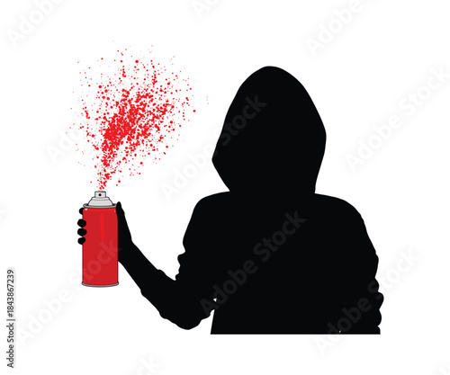 Silhouette of person in hood spraying red paint from can with splatter effect vector.