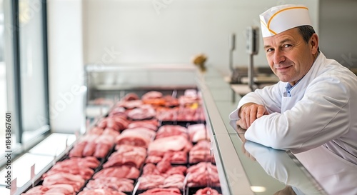 Butcher shop display featuring a smiling male butcher in a white coat, showcasing fresh cuts of meat on a glass counter, emphasizing quality and craftsmanship in the grocery industry