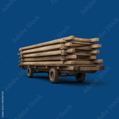 Wooden Planks Stacked on a Vintage Cart Against Blue Background
