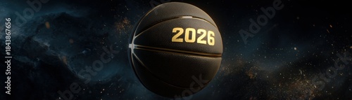 Basketball with Year 2026 in Cosmic Space Background