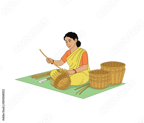 Indian Woman Weaving Bamboo Basket Traditional Handicraft Illustration. Woman Empowerment. Indian Rural Woman Working. Indian Woman Doing Samll Business. 