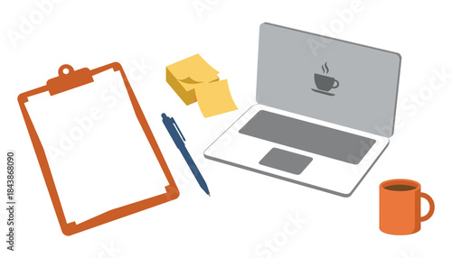 Working desktop vector illustration laptop clipboard pen sticky notes coffee