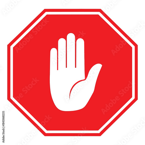 Stop sign with hand gesture indicating halt or prohibition