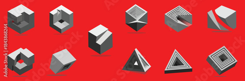 Collection of 3d geometric shapes on a vibrant red background