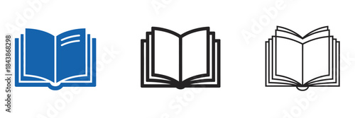 Open book icons flat and outline vector collection for education technology, online learning,