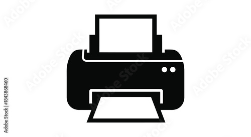 A minimalist depiction of a modern printer in stark black and white silhouette