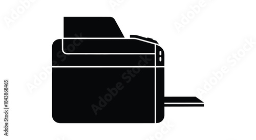 A stark black and white image of a modern inkjet printer in a bold silhouette