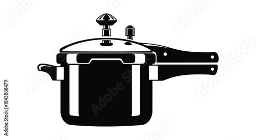 A classic black and white illustration of a pressure cooker detailed design silhouette