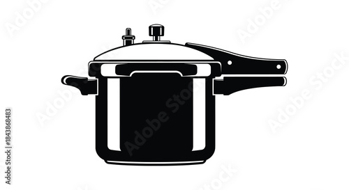 A striking black and white illustration of a vintage pressure cooker a kitchen silhouette