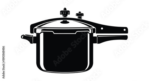 A striking black and white illustration of a pressure cooker in a bold silhouette