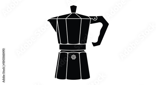 A striking black and white illustration of a classic stovetop espresso maker silhouette