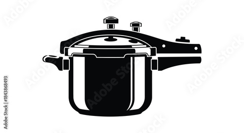 A black and white silhouette depiction of a pressure cooker with prominent handles and lid silhouette