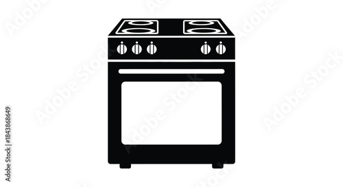 A black silhouette of a modern kitchen stove with four burners and oven below silhouette