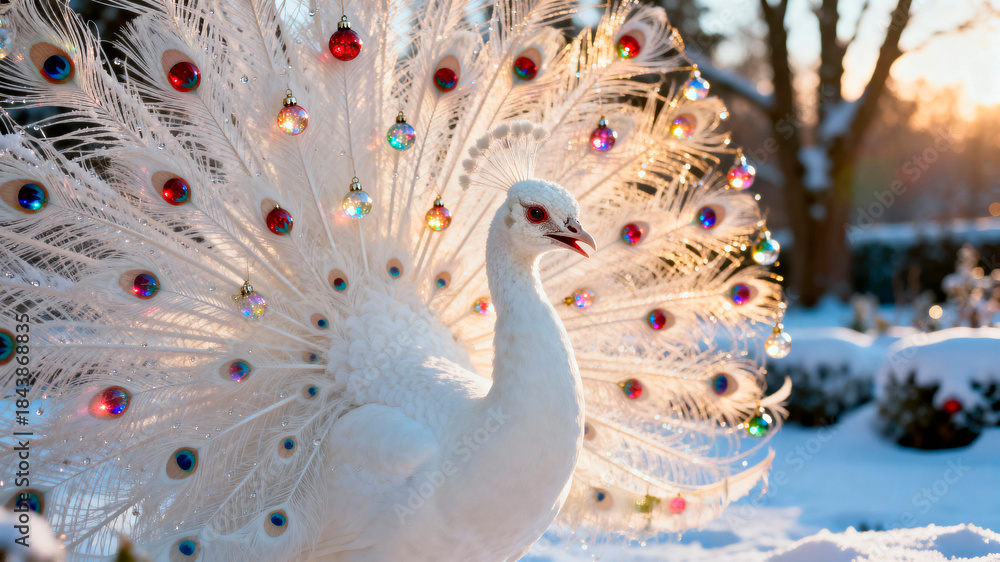 Fototapeta premium Albino peacock displaying its stunning plumage in a winter landscape, surrounded by snow and soft sunlight, showcasing vibrant colors and intricate feather patterns