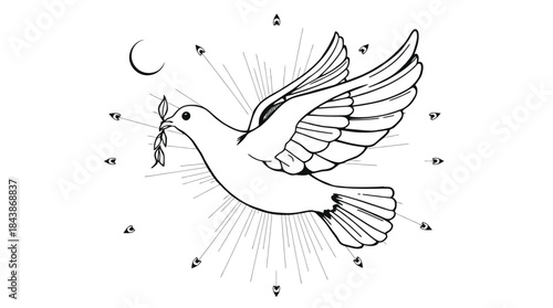 A black and white line drawing of a dove carrying a sprig of leaves in its beak, with a crescent moon and radiating lines in the background.