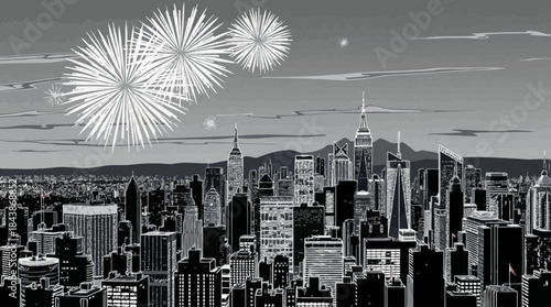 A panoramic view of the New York City skyline at night, illuminated by a spectacular fireworks display.