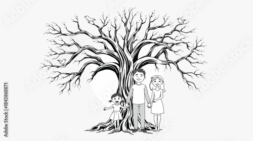 A black and white illustration of a happy family standing together under a large, old, bare tree with birds on its branches.